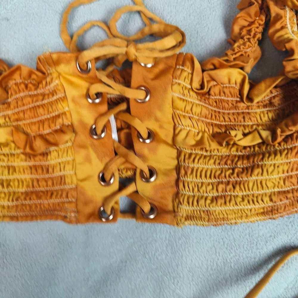 Blue Life Bikini Womens Small Scrunched‎ Off the Shoulder Honey Yellow Tie Dye
